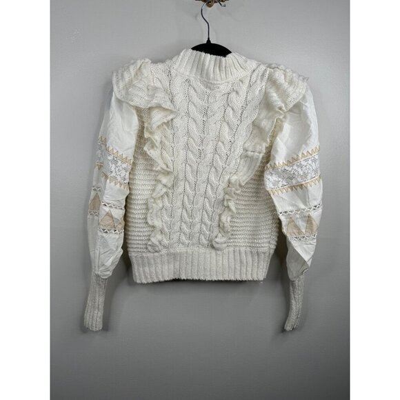 Anthropologie Cable Knit Ivory Ruffle Puff Sleeve Lace Sweater Size XS NWT BOHO - Picture 6 of 6
